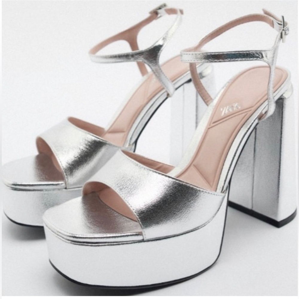 Zara Silver Platform Heels Shoes Party Vacation Wedding Dance Size 10 41 Shiny